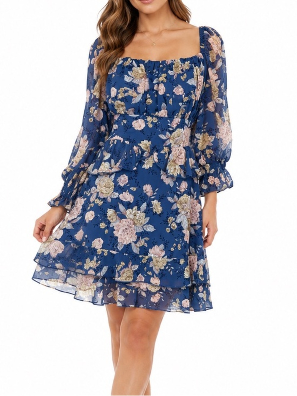 Exlura Blue Floral Chiffon Mini Dress Smocked Back Peplum Autumn Wedding Guest L